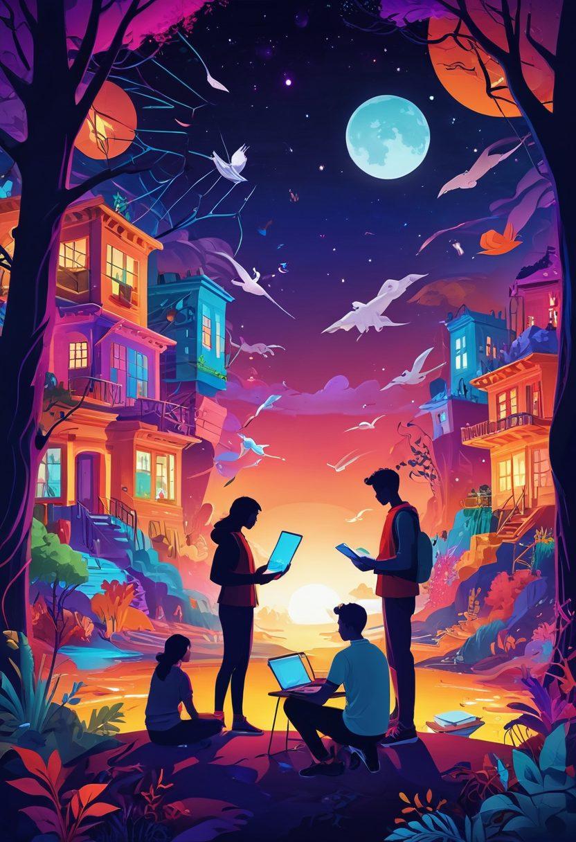 A vibrant and imaginative digital landscape showcasing a diverse group of storytellers, each engaged in different creative activities like writing, animation, and video editing. Integrate elements like a glowing web of interconnected stories, stylized digital devices, and colorful visual icons representing narratives and characters. Emphasize a sense of collaboration and innovation in storytelling. surreal art style. vibrant colors. energetic composition.