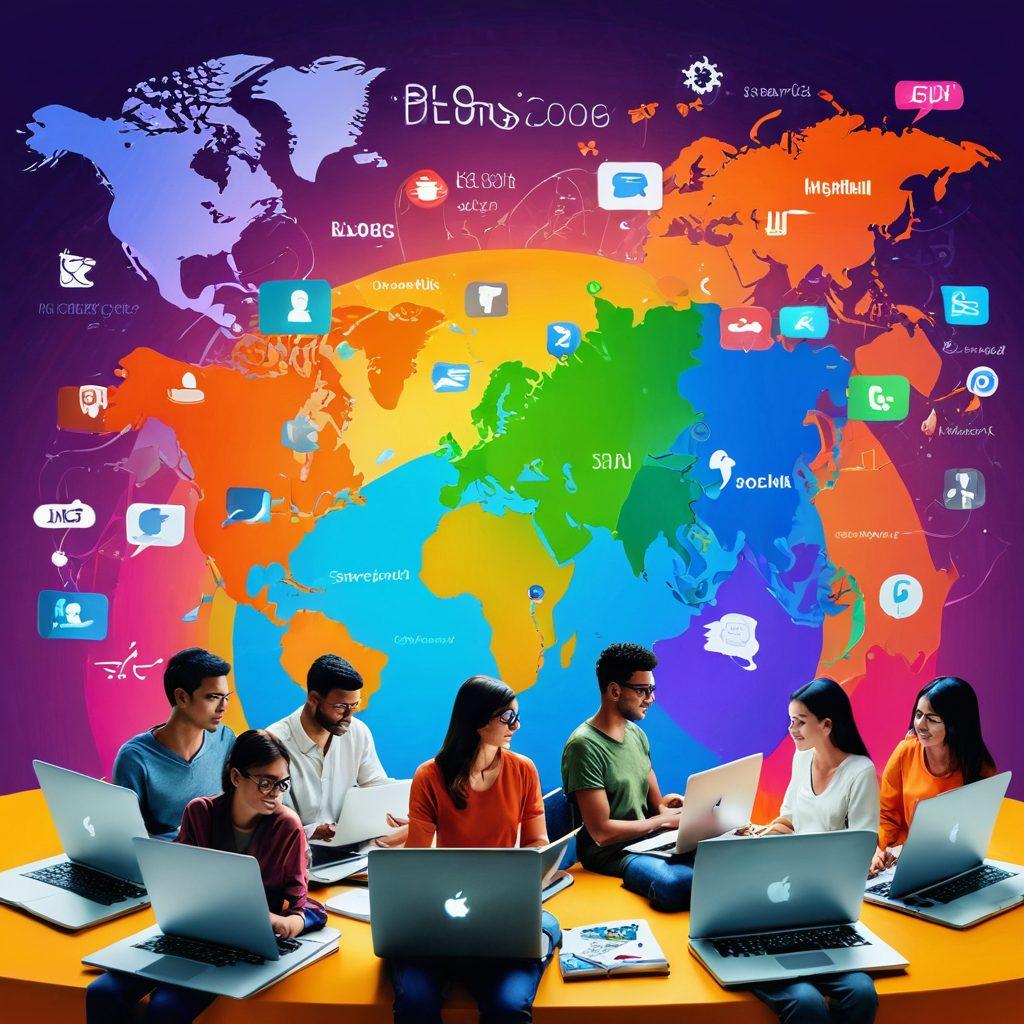 A vibrant scene depicting a diverse group of people at different stages of their blogging journey, with laptops and notebooks, surrounded by an imaginative backdrop of colorful digital elements like social media icons and a glowing world map. Illustrate the essence of storytelling with flowing words and captivating visuals connecting them. A bright, encouraging atmosphere radiates inspiration and creativity. digital art. vibrant colors. 3D.
