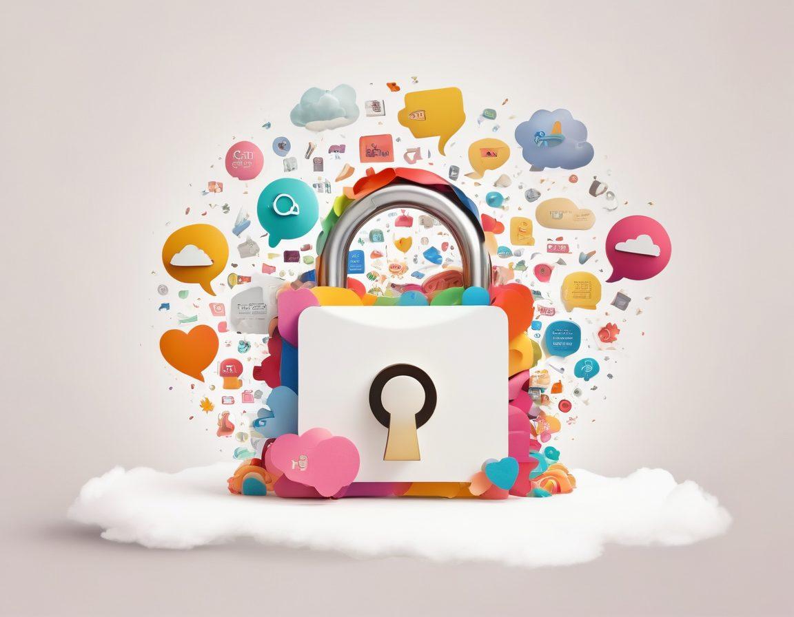 A whimsical open padlock surrounded by colorful blog icons like text, images, and videos, symbolizing freedom in blogging. In the background, a dreamy landscape with clouds shaped like thought bubbles filled with creative ideas. A bright, inviting palette that suggests inspiration and limitless possibilities. A flowing ribbon of paper showcasing snippets of different blog posts. super-realistic. vibrant colors. white background.
